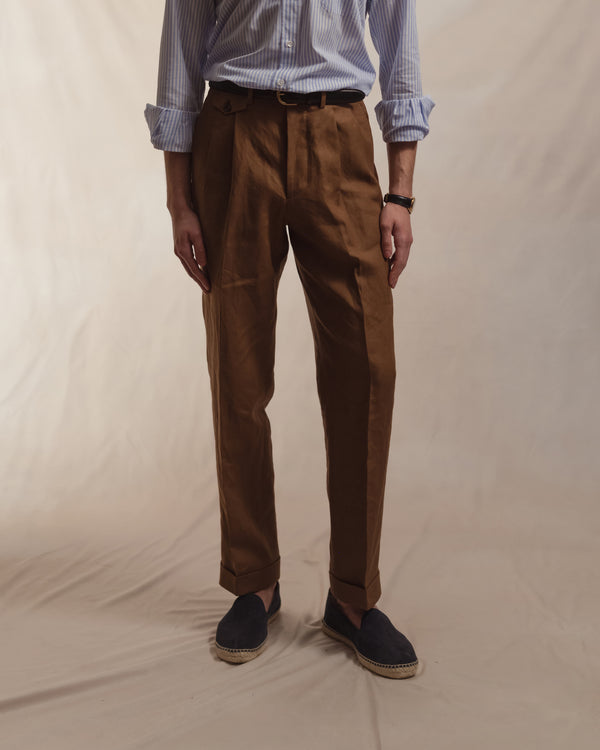 Dark Tan Double Pleat Linen Trousers