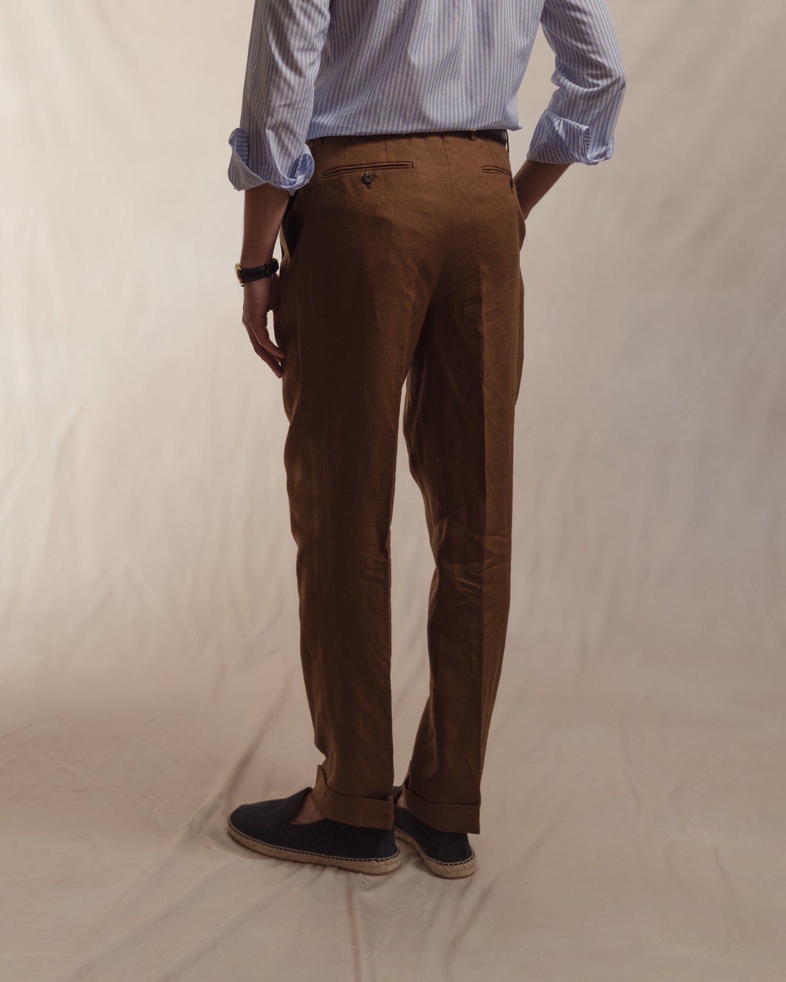 Dark Tan Double Pleat Linen Trousers