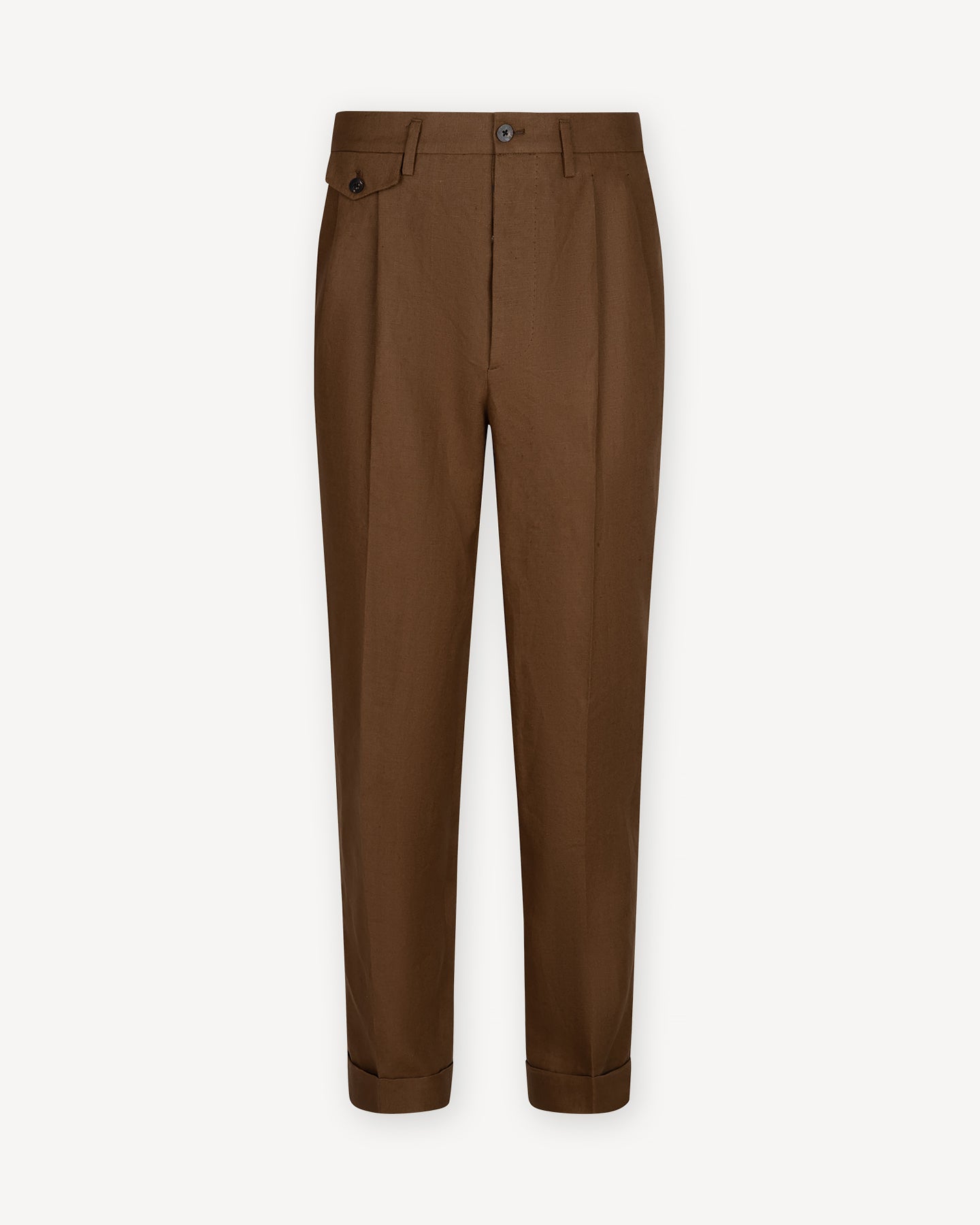 Dark Tan Irish Linen Trousers with Double Pleats and Belt Loops