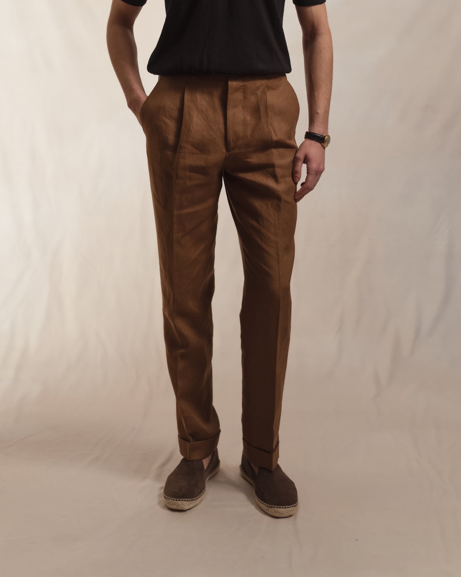 Dark Tan Linen Trousers | Single Pleat with Side Adjusters | Besnard
