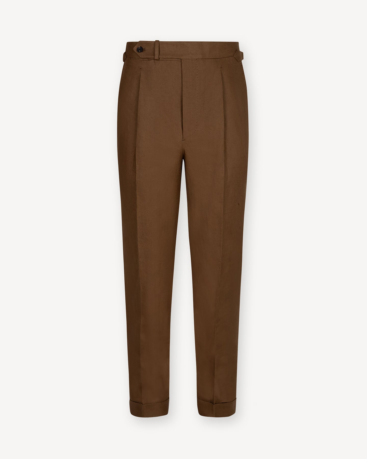 Dark Tan Irish Linen Trousers with Single Pleats and Side Adjusters