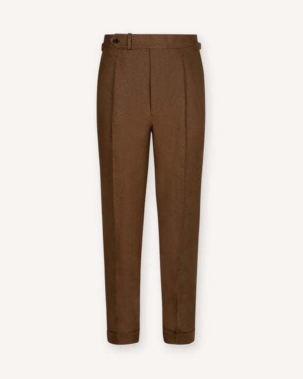 Dark Tan Single Pleat Linen Trousers