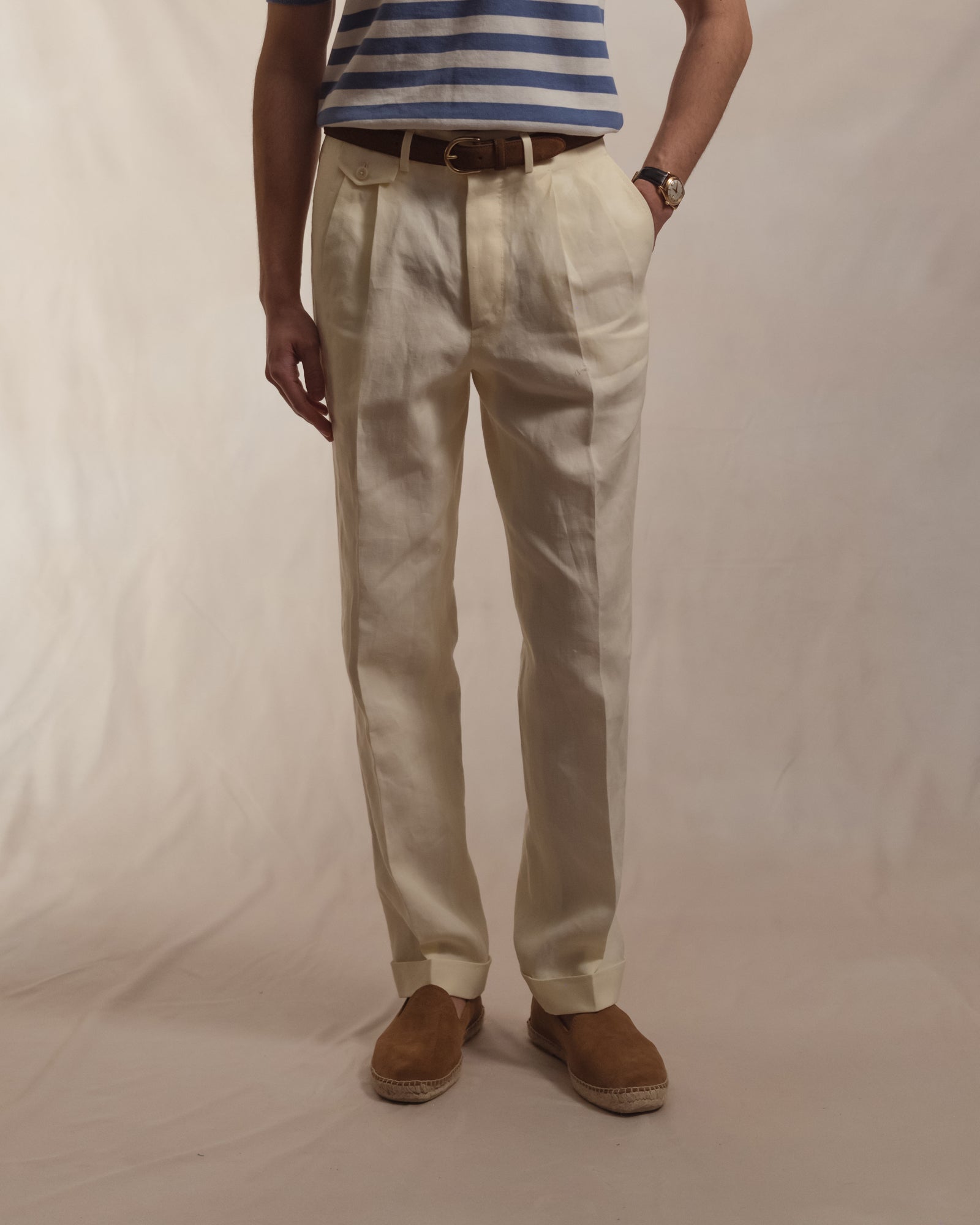 Ivory Double Pleat Linen Trousers