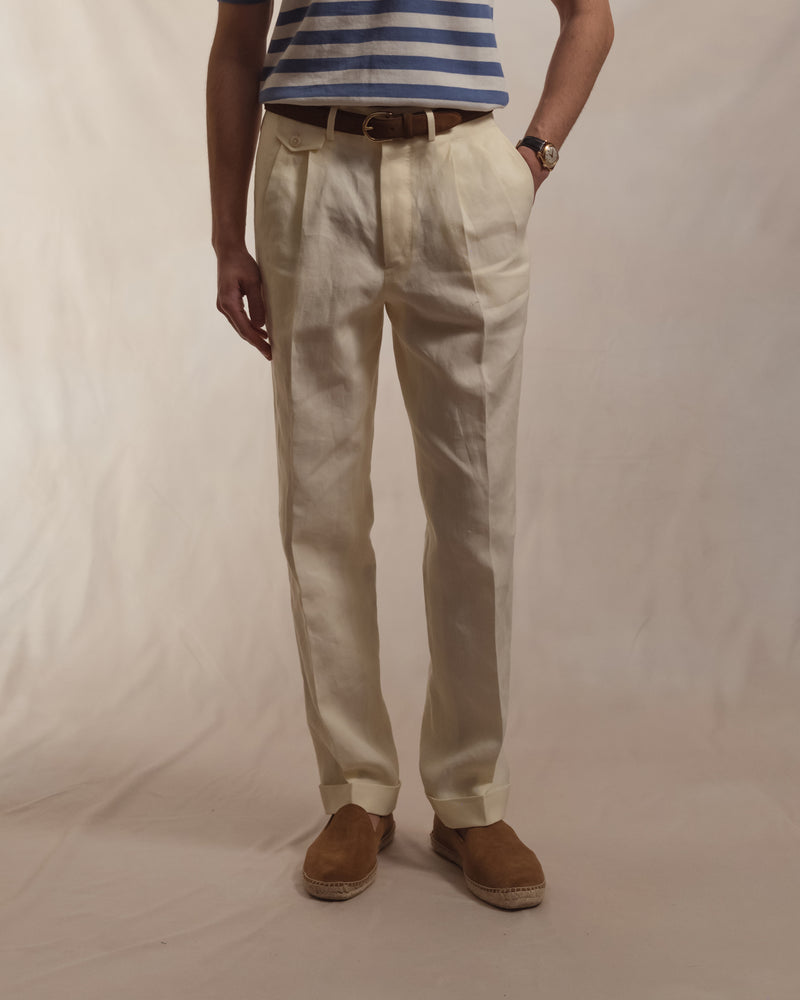 Ivory Double Pleat Linen Trousers