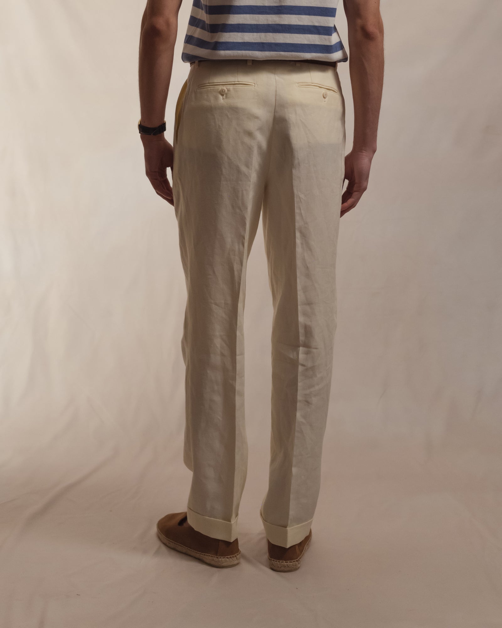 Ivory Linen Trousers | Double Pleat with Belt Loops | Besnard