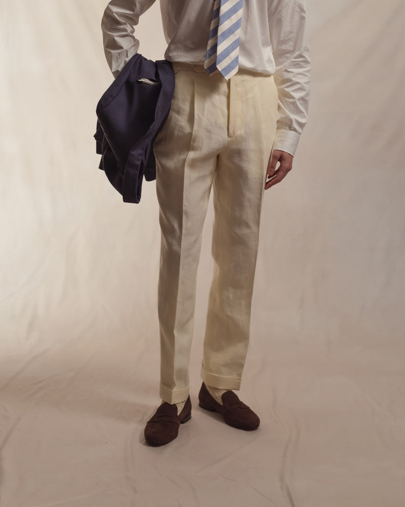 Ivory Single Pleat Linen Trousers