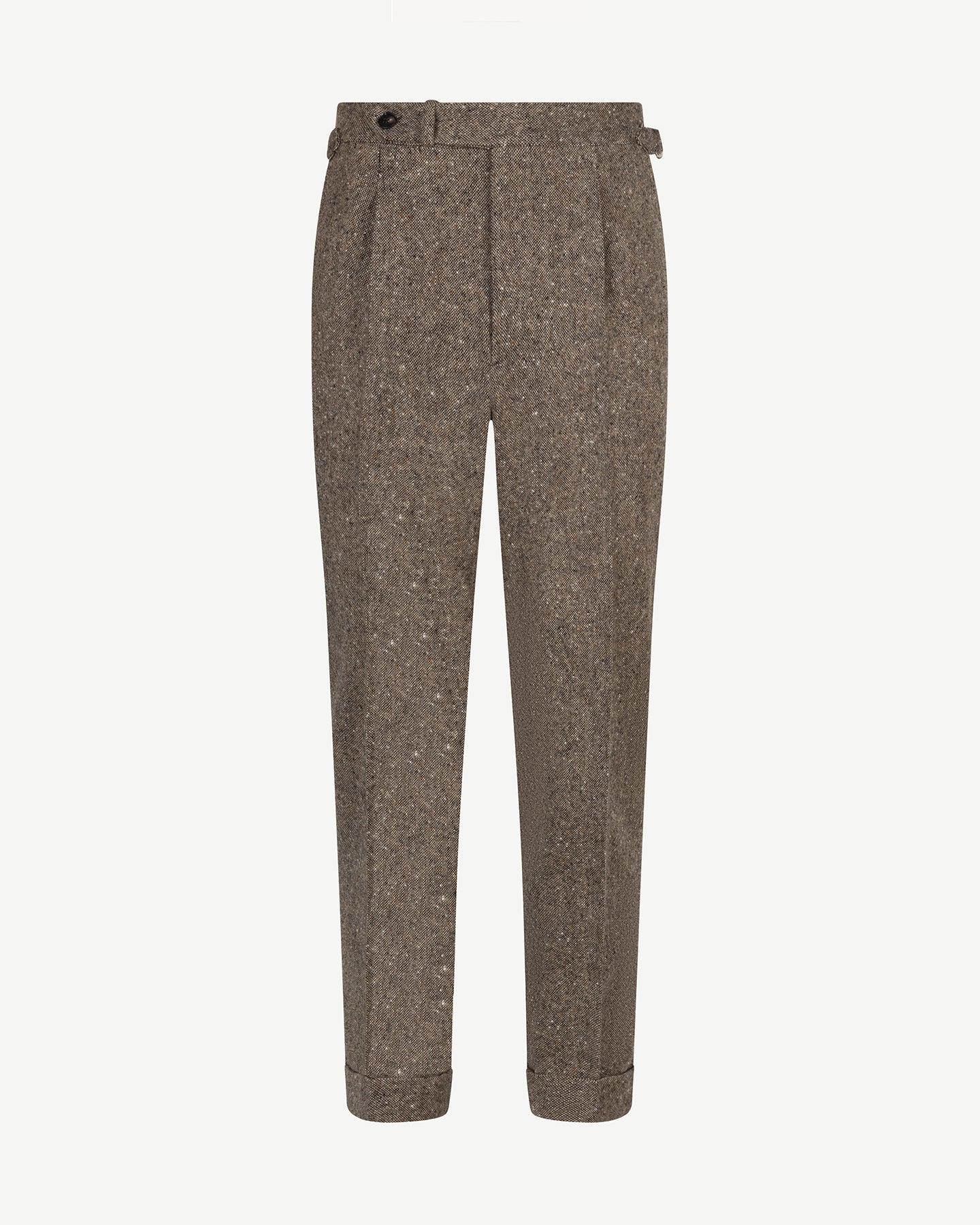 Light brown Donegal tweed trousers with single pleats and side adjusters