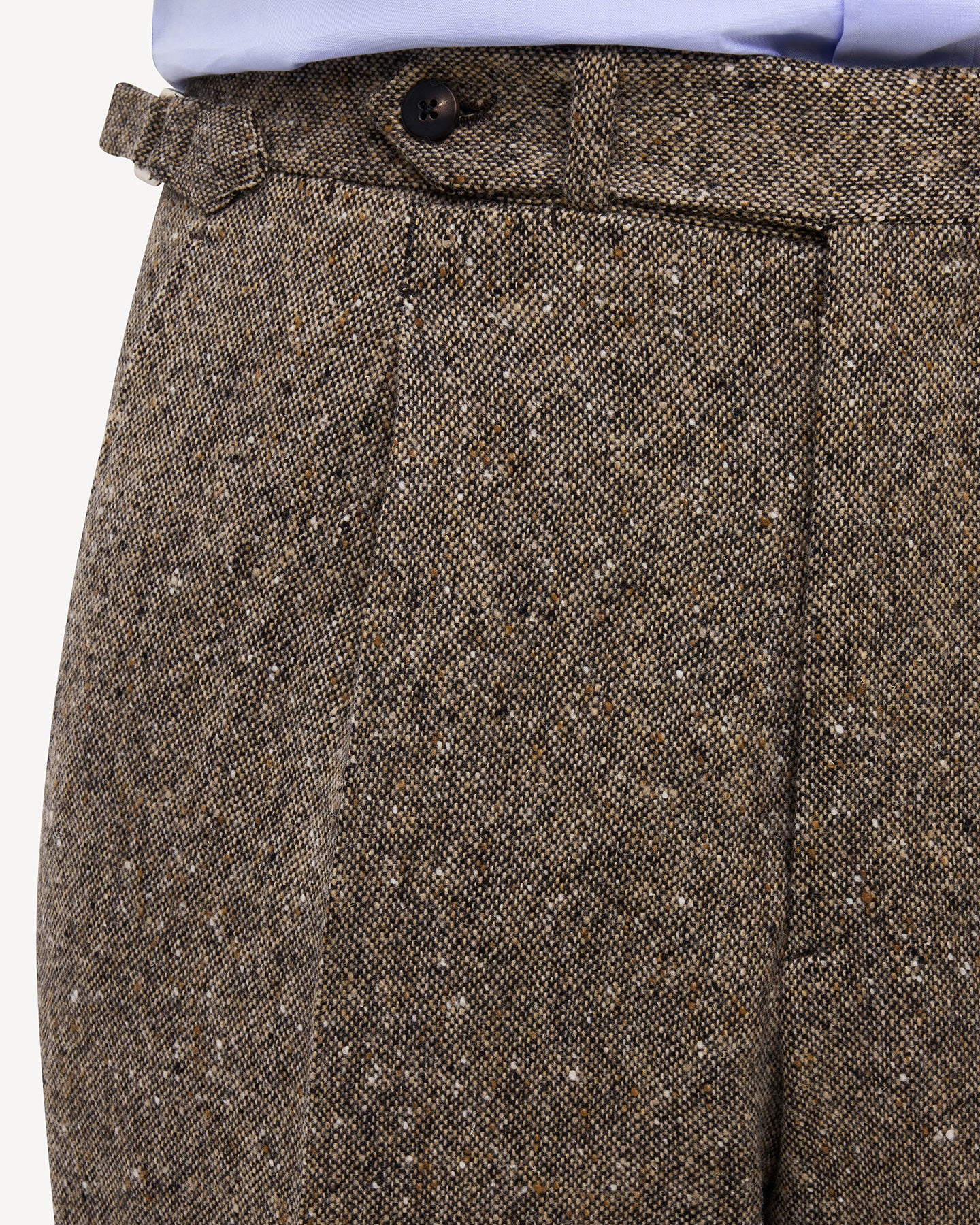 Light brown Donegal tweed trousers with extended waistband