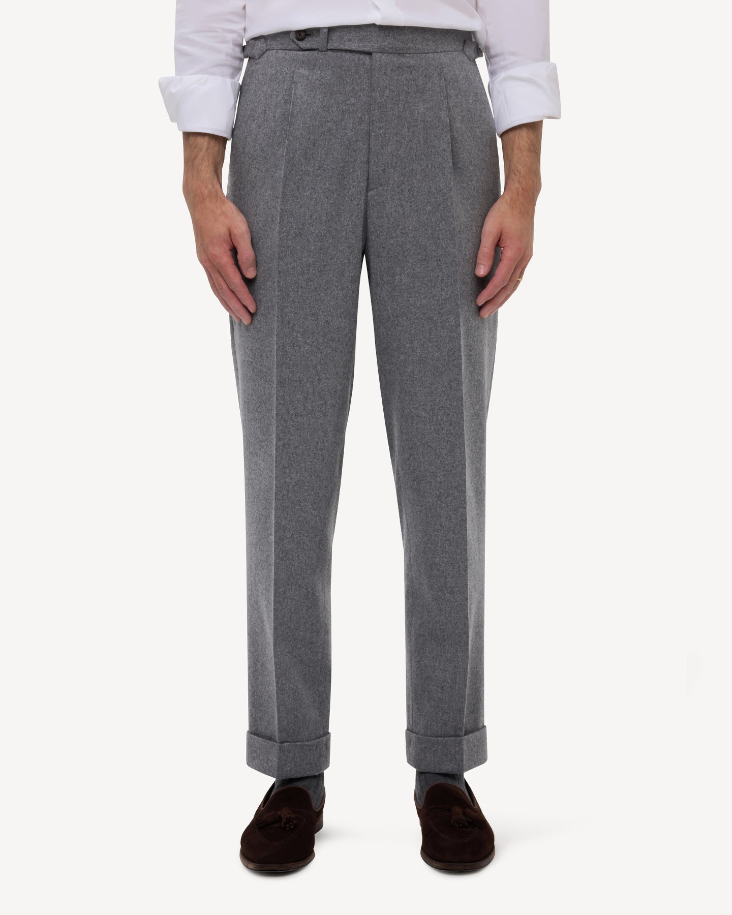 Front view of light grey flannel trousers