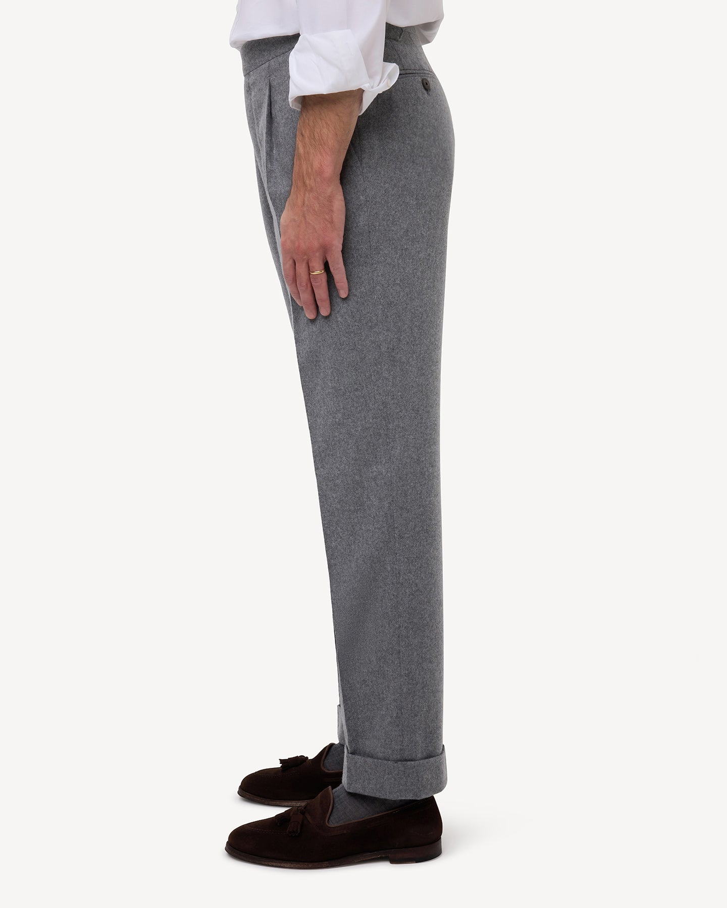 Side view of light grey flannel trousers