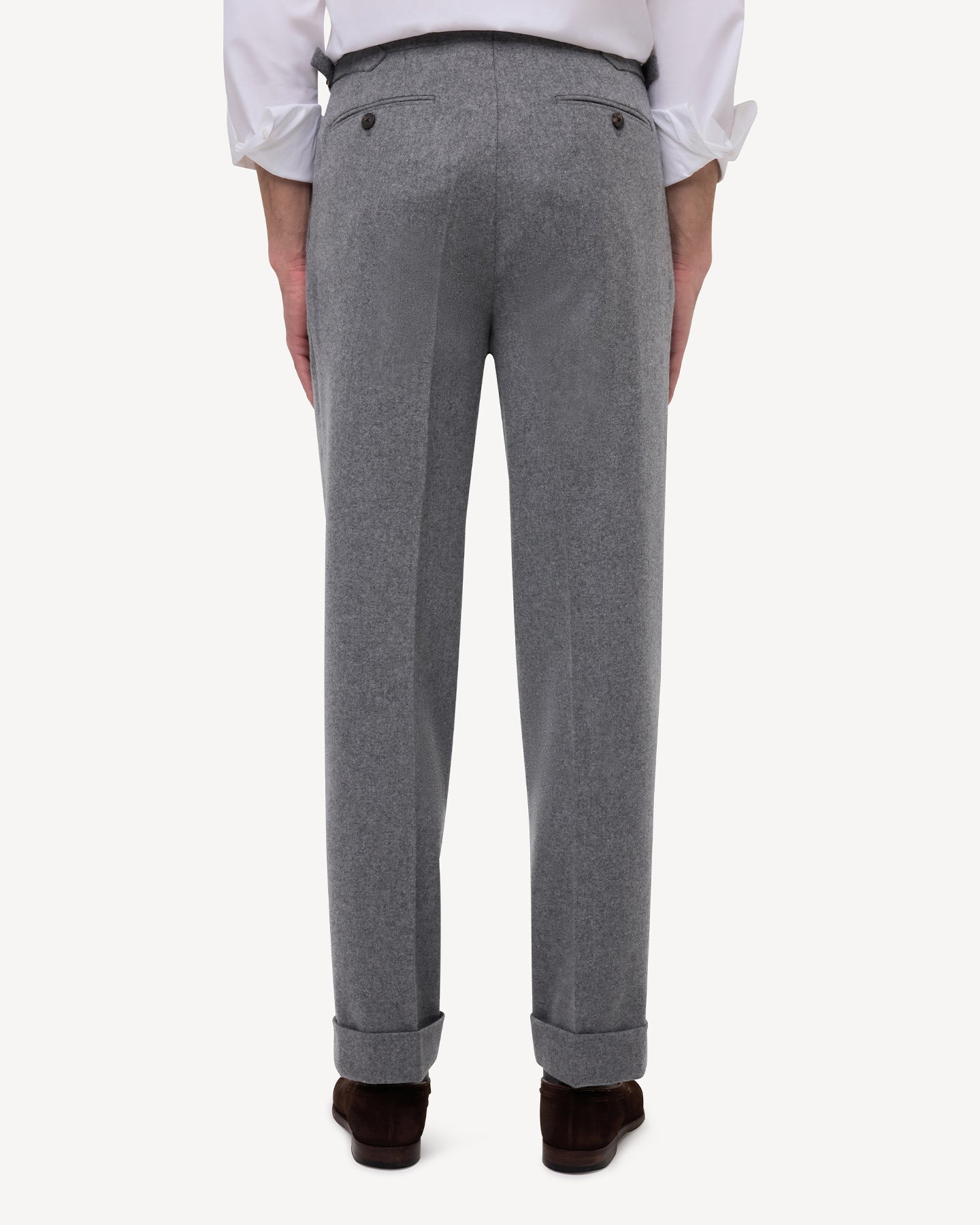 Back view of light grey flannel trousers