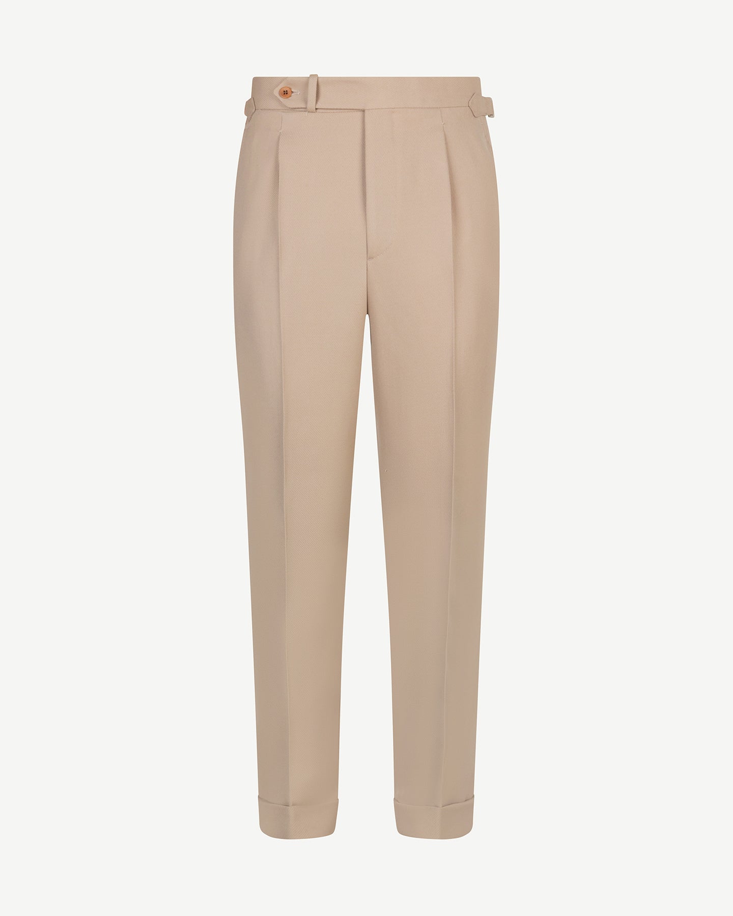 Front view of light tan cavalry twill trousers with single pleats and side adjusters