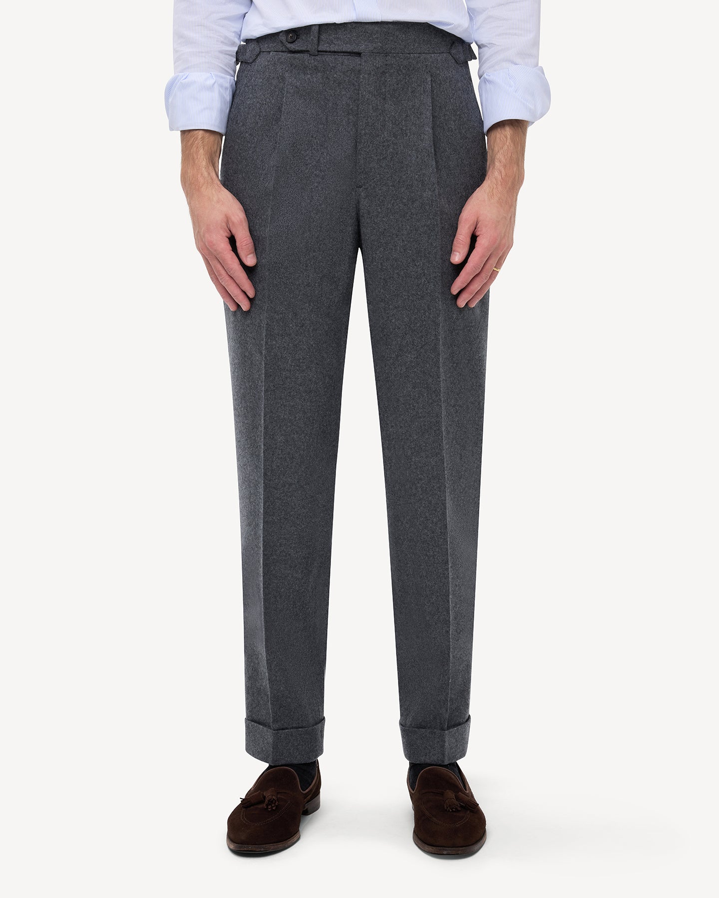 Front view of mid grey flannel trousers