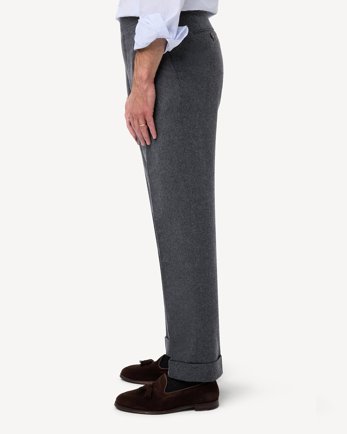 Side view of mid grey flannel trousers