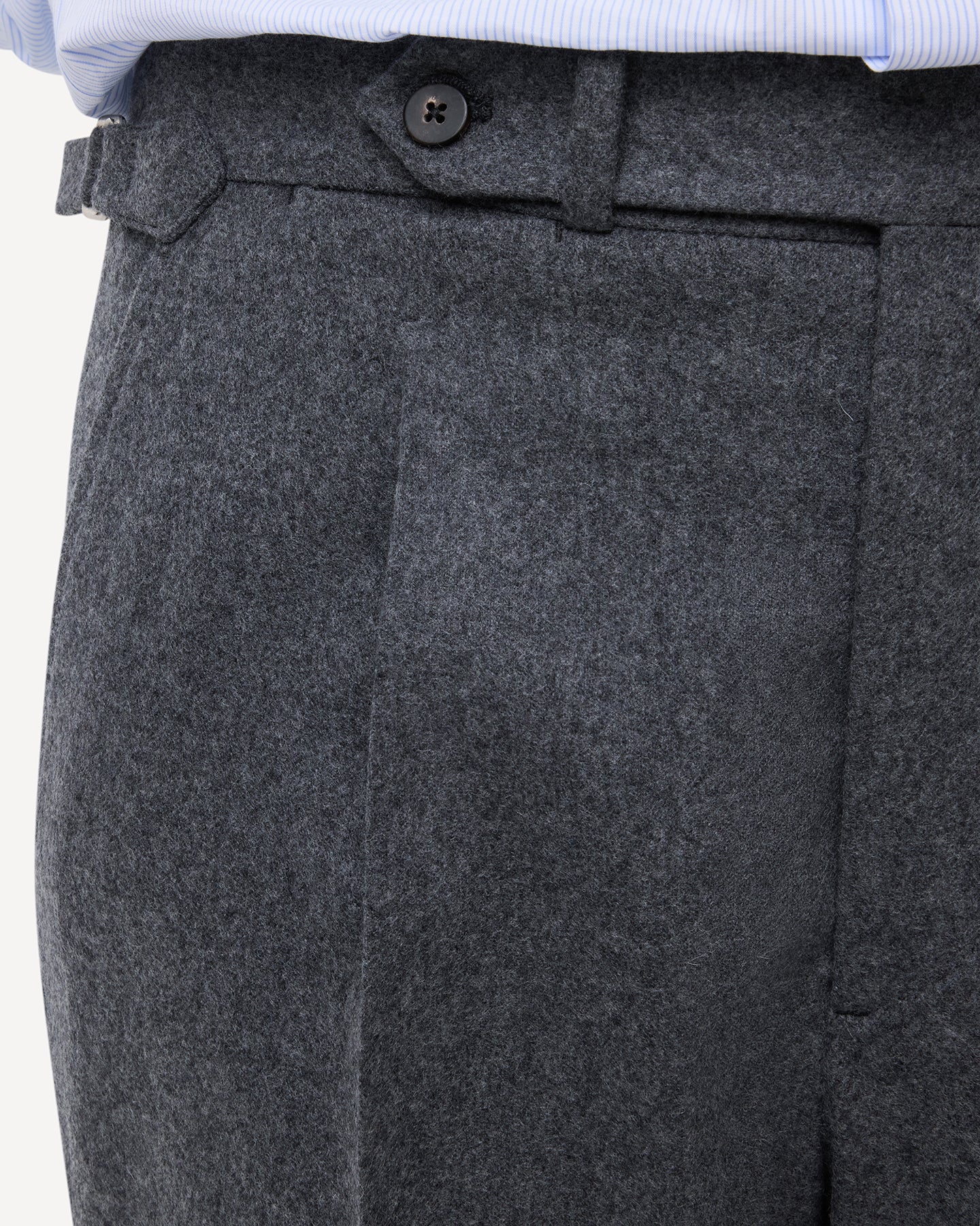 Mid grey flannel trousers with extended waistband