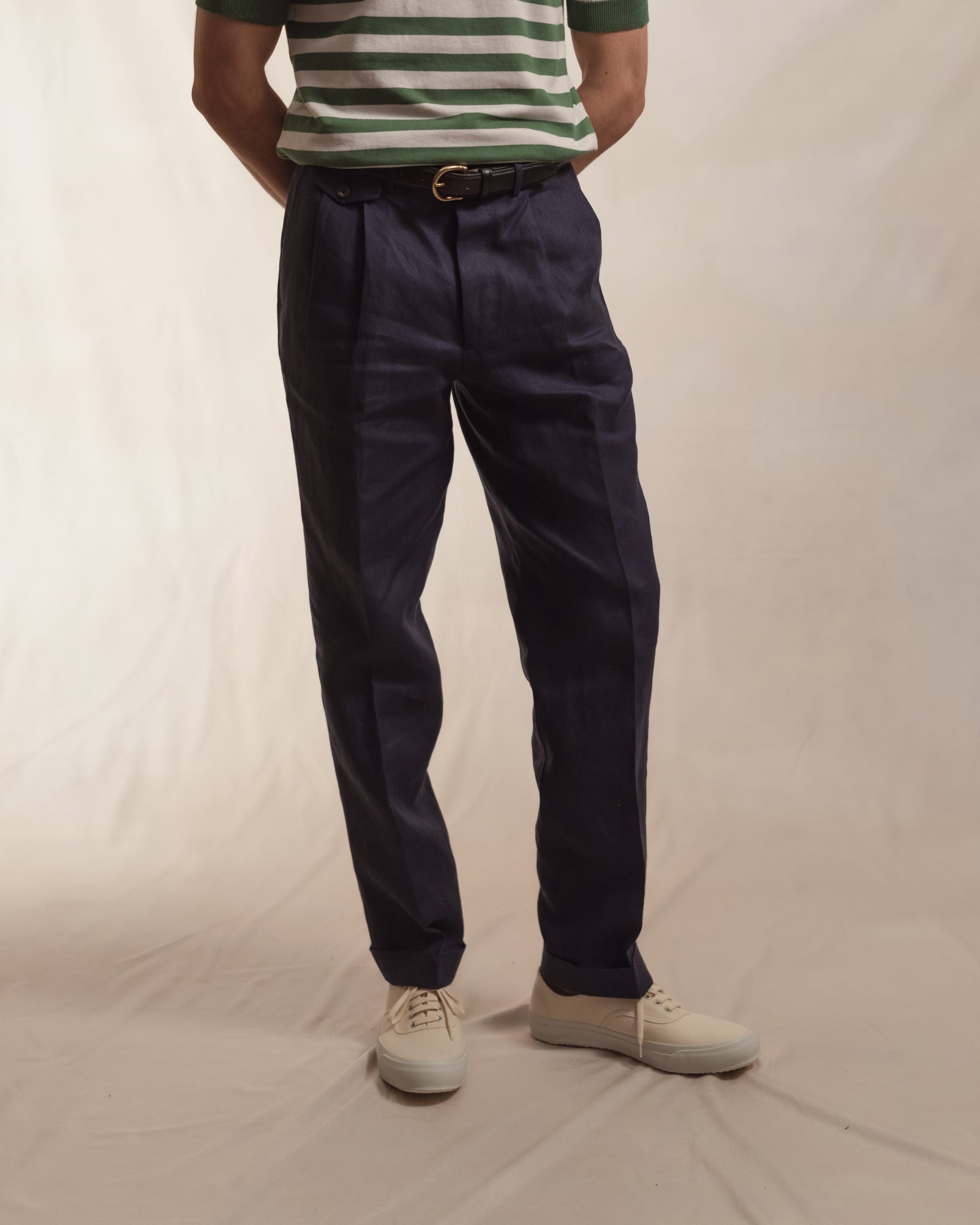 Navy Linen Trousers | Double Pleat with Belt Loops | Besnard