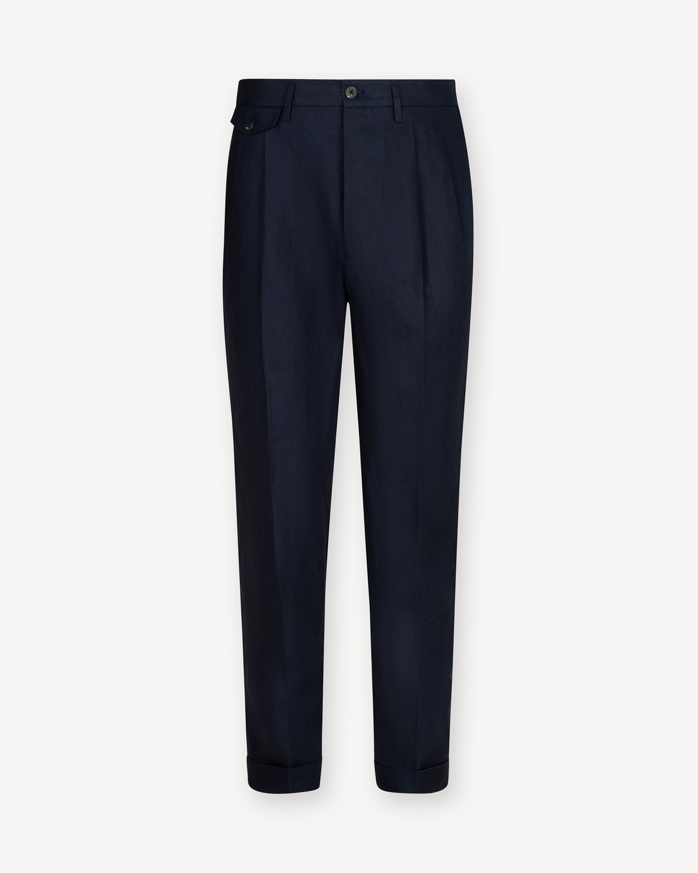 Navy Irish Linen Trousers with Double Pleats and Belt Loops