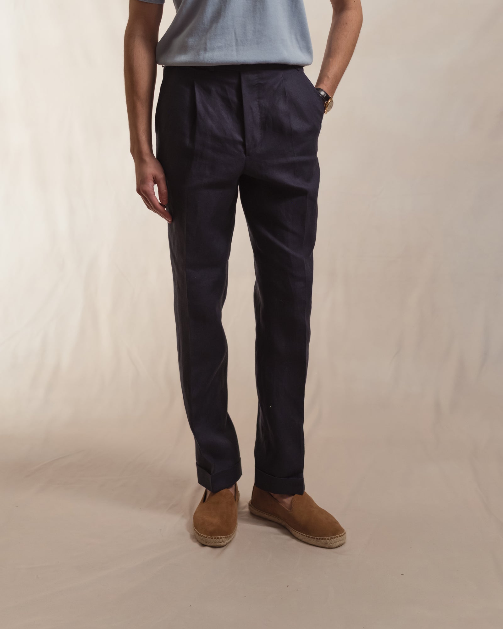 Navy Single Pleat Linen Trousers