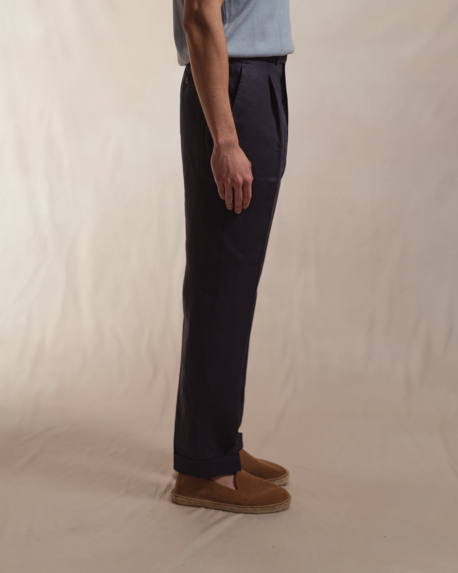 Navy Linen Trousers | Single Pleat with Side Adjusters | Besnard