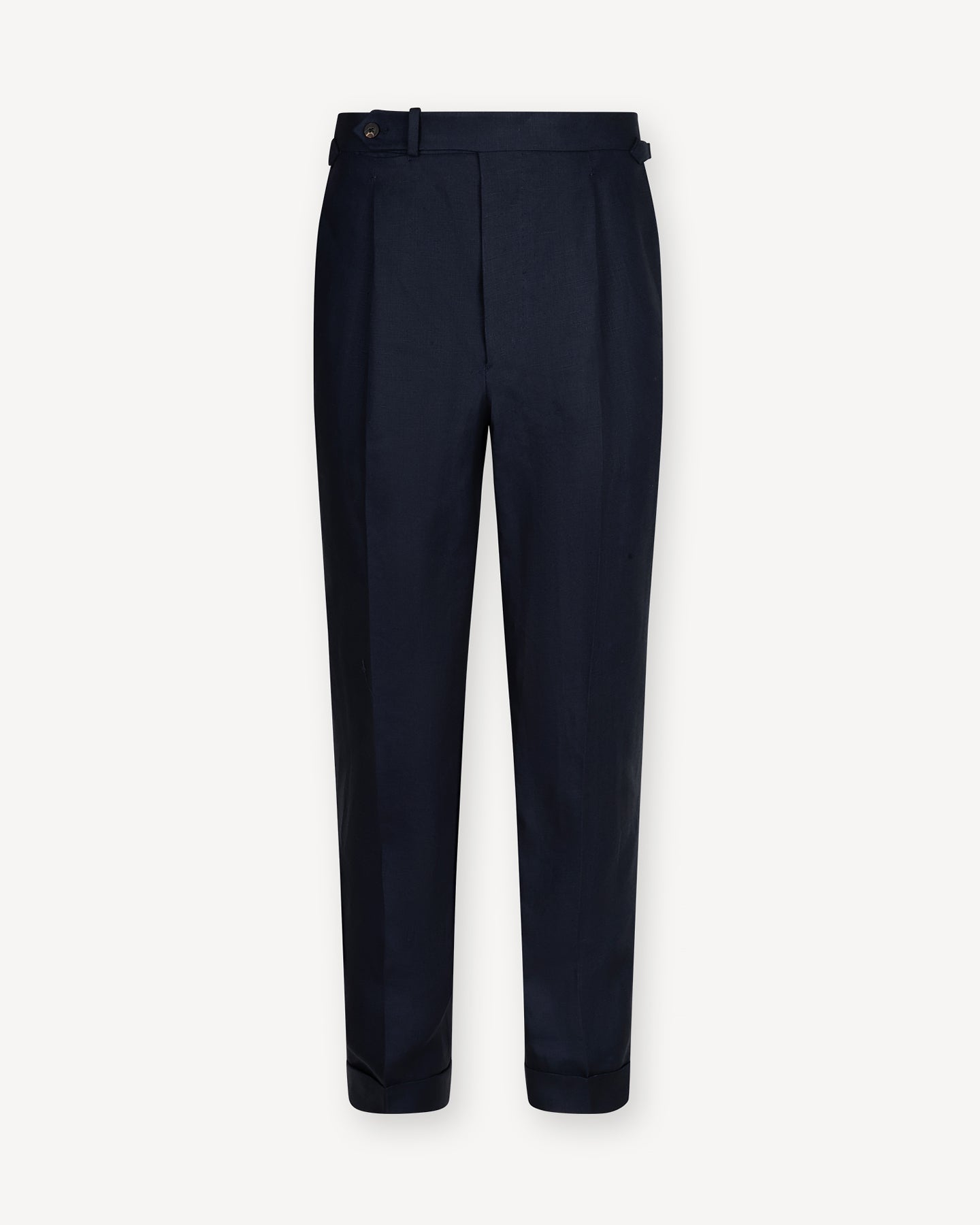 Navy Irish Linen Trousers with Single Pleats and Side Adjusters