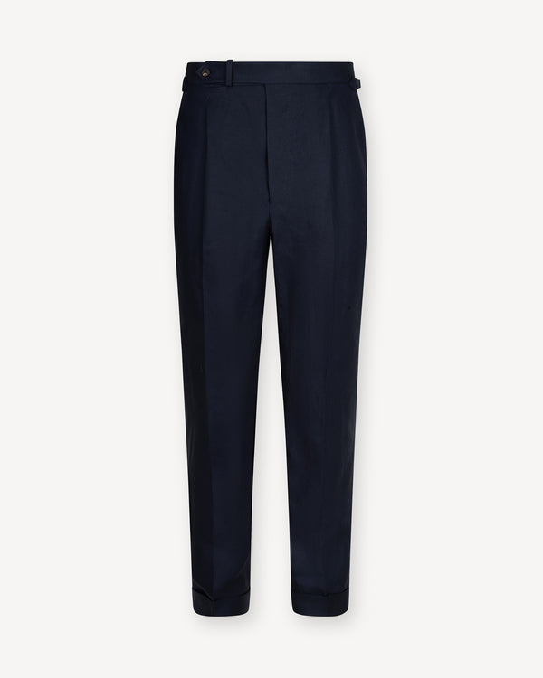 Navy Single Pleat Linen Trousers