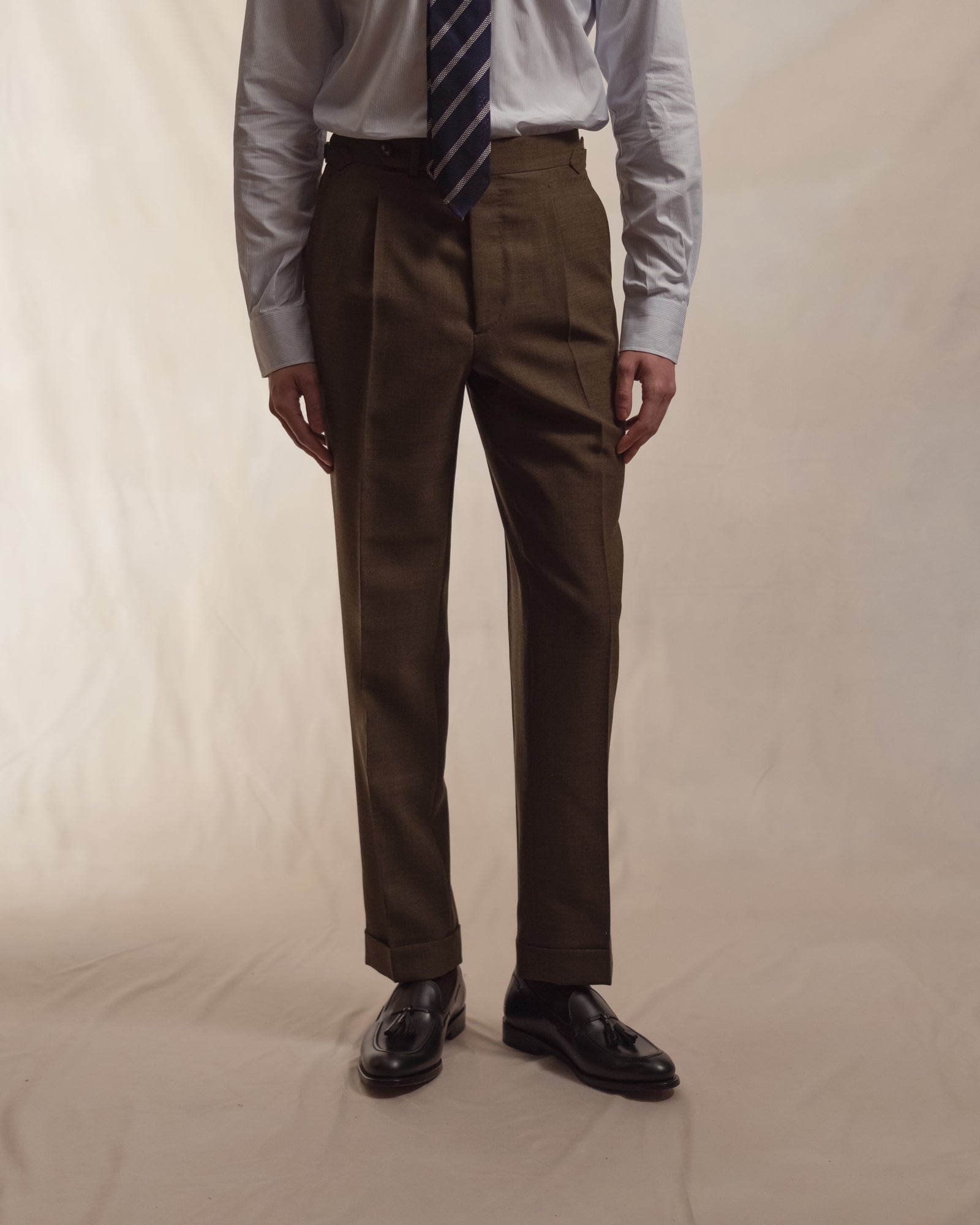 Olive Brown Single Pleat Tropical Wool Trousers