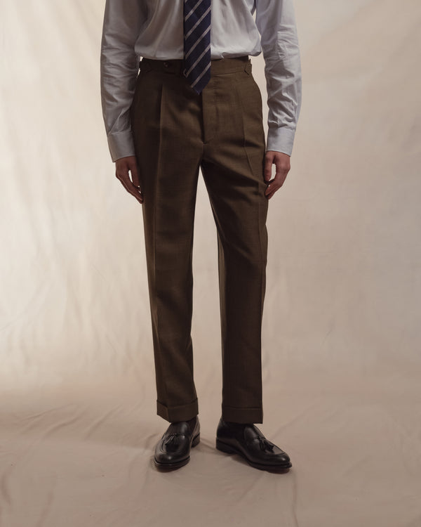 Olive Brown Single Pleat Tropical Wool Trousers