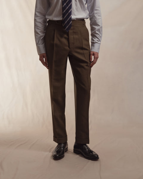 Olive Brown Tropical Wool Trousers | Single Pleat with Side