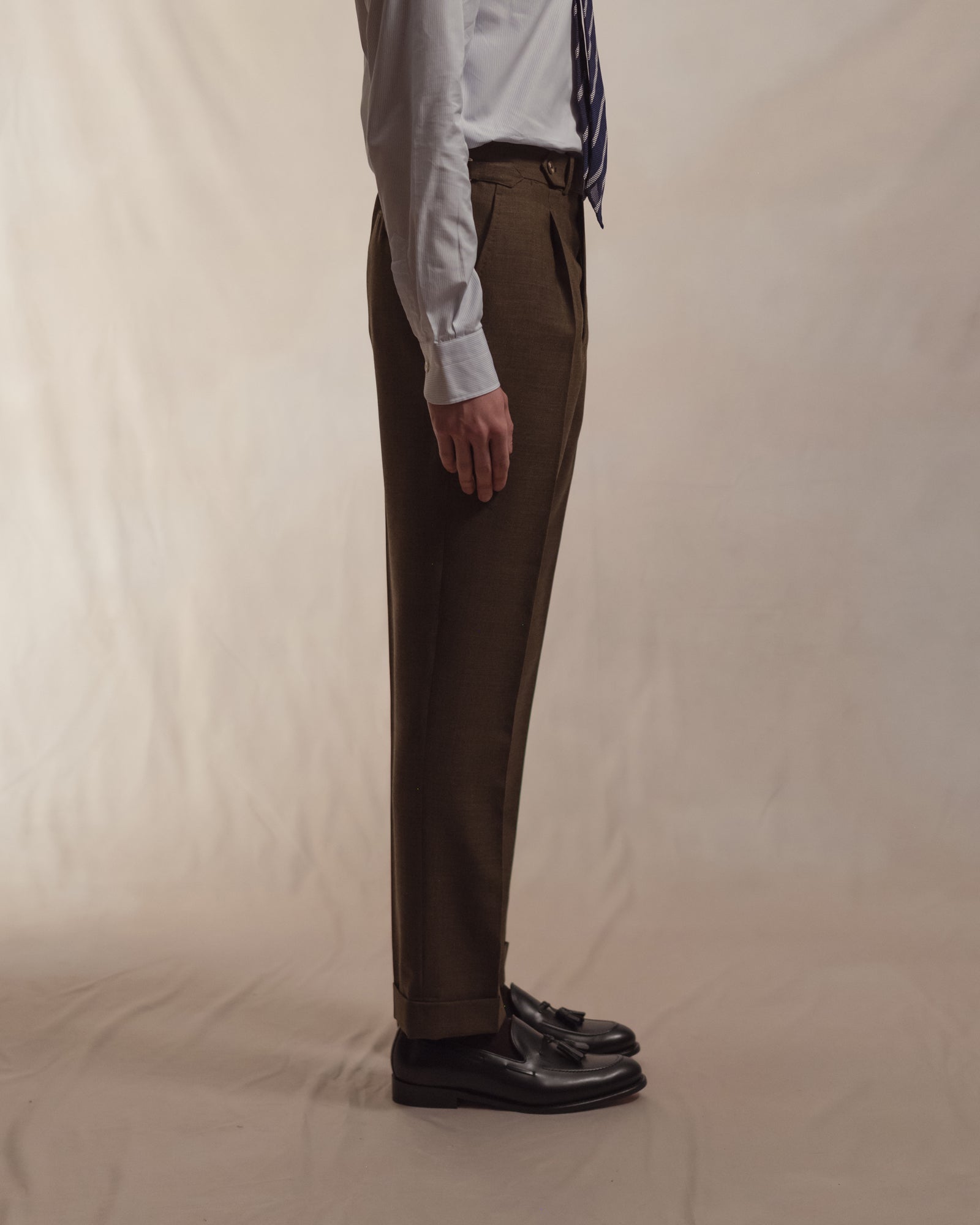 Olive Brown Tropical Wool Trousers | Single Pleat with Side