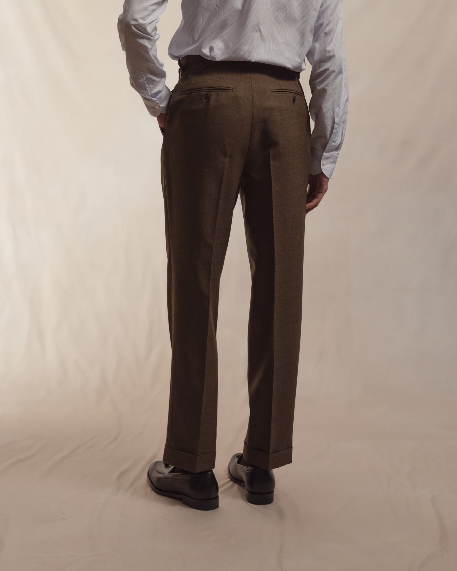 Olive Brown Tropical Wool Trousers | Single Pleat with Side Adjusters | Besnard Olive Brown Tropical Wool Trousers | Single Pleat with Side Adjusters | Besnard