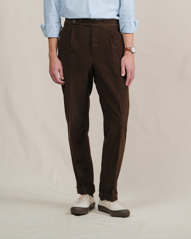 Donkerbruine Corduroy Broek met Bandplooi