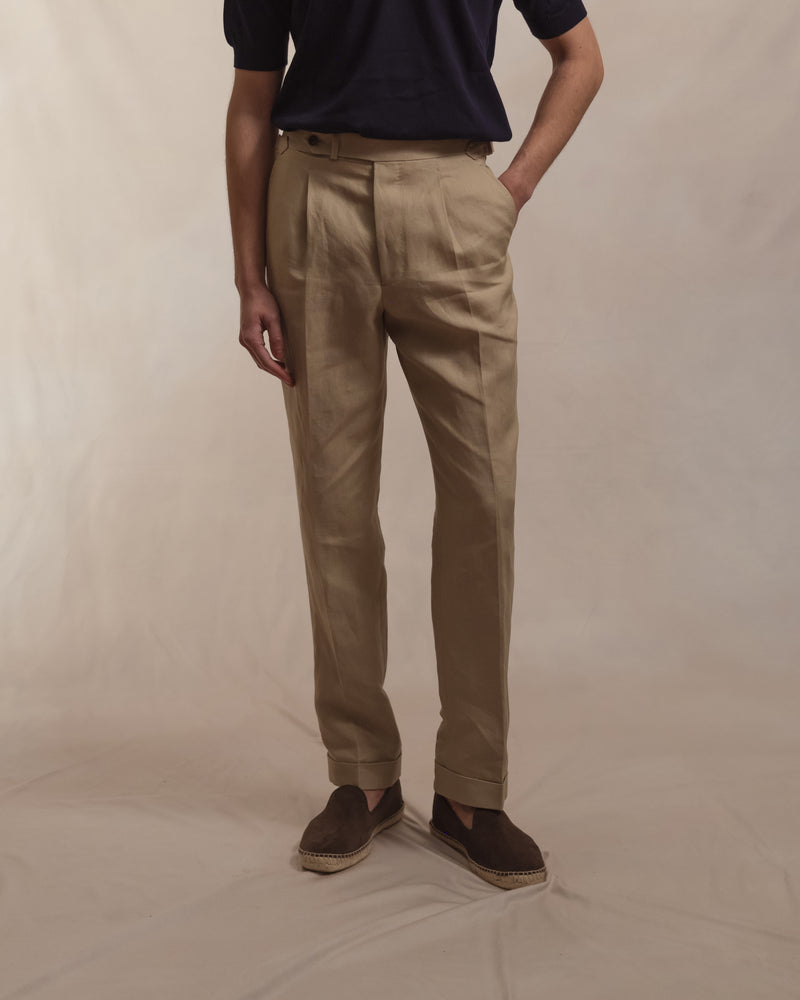 Taupe Single Pleat Linen Trousers