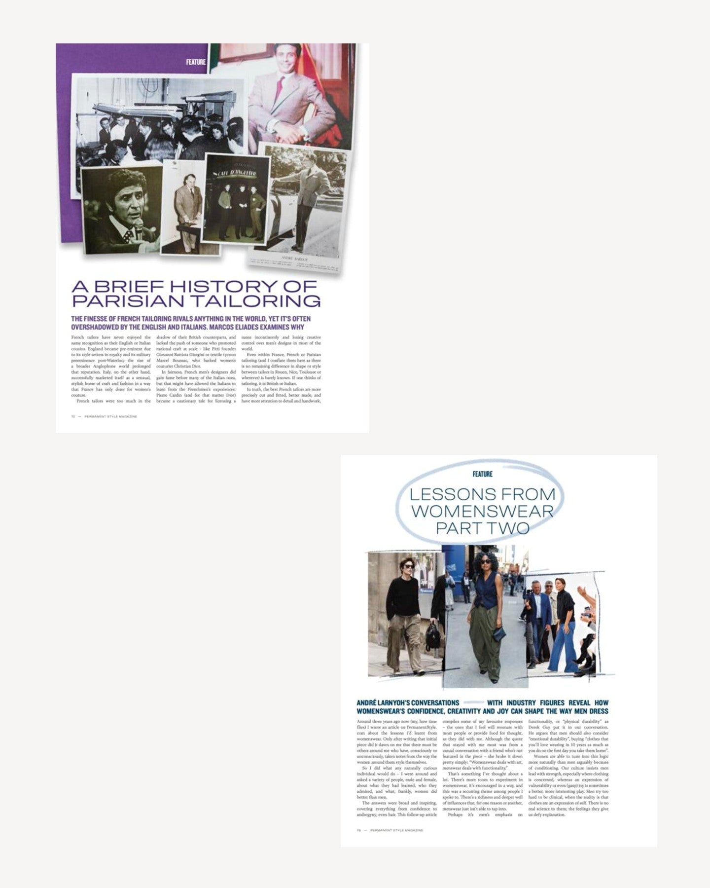 Two pages of Permanent Style magazine Spring Summer 2026, a brief hisotry of Parisian tailoring
