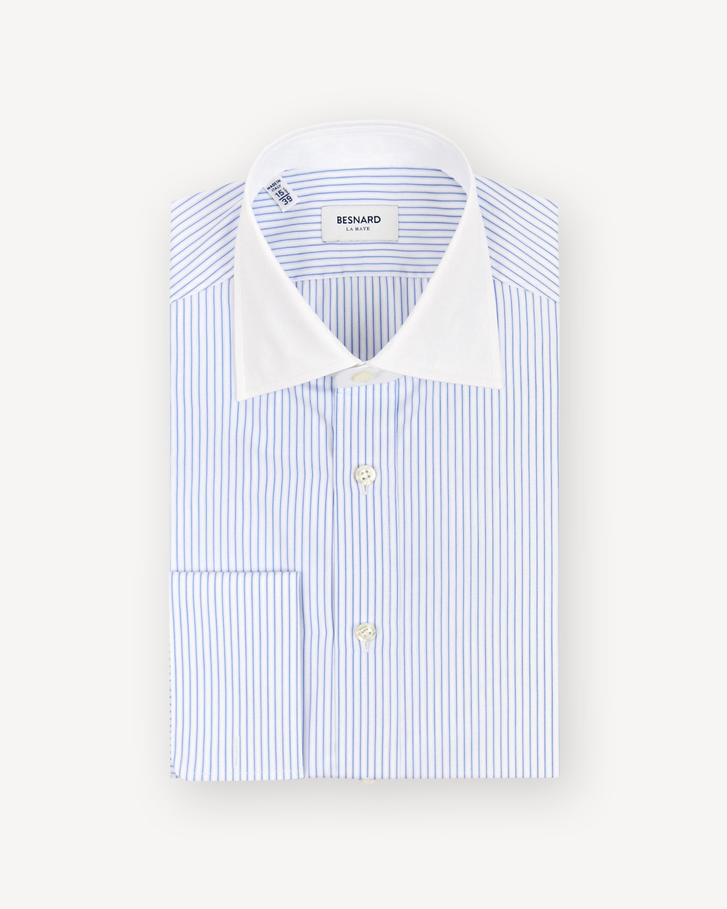 A blue striped contrast collar shirt, as worn by Gordon Gekko in 'Wall Street'