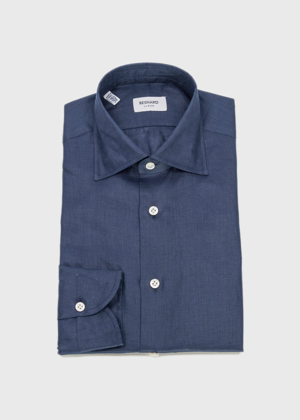 Navy Linen Spread Collar Shirt