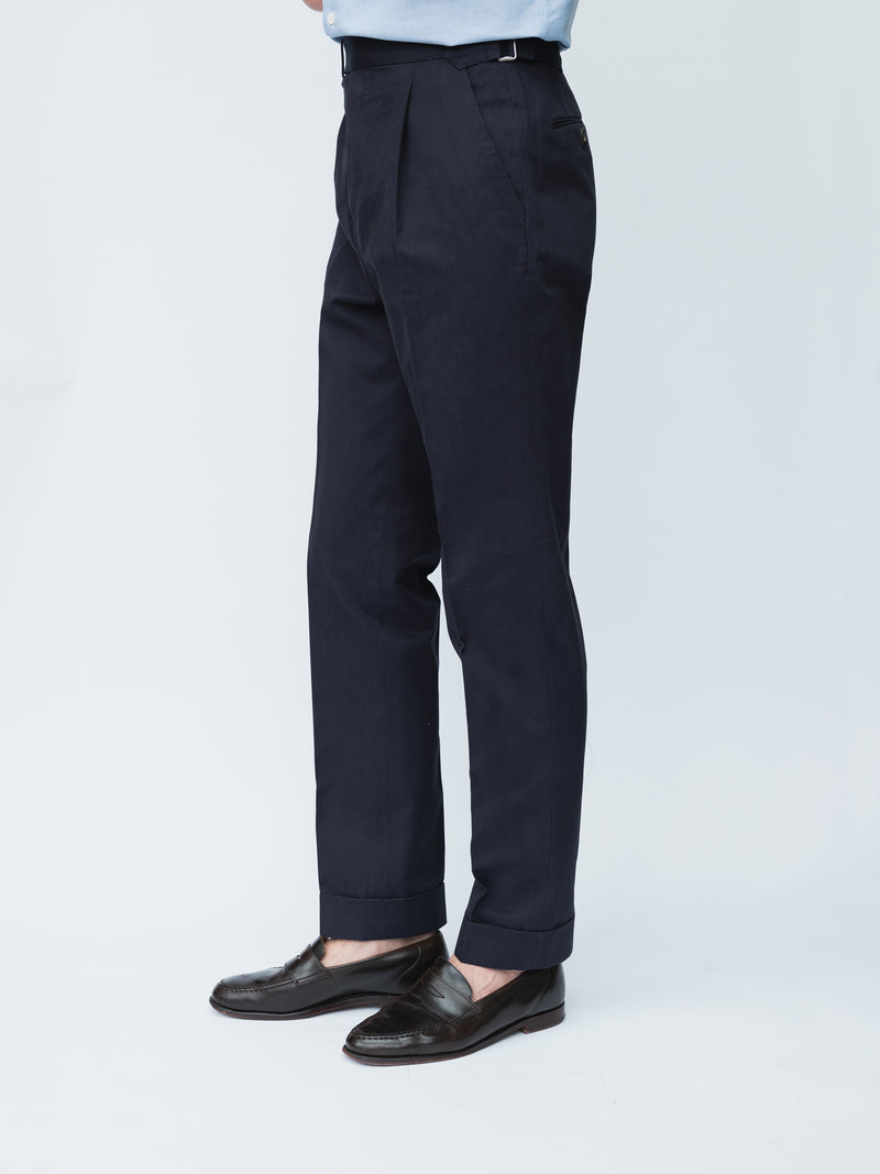 Navy Single Pleat Cotton Drill Trousers